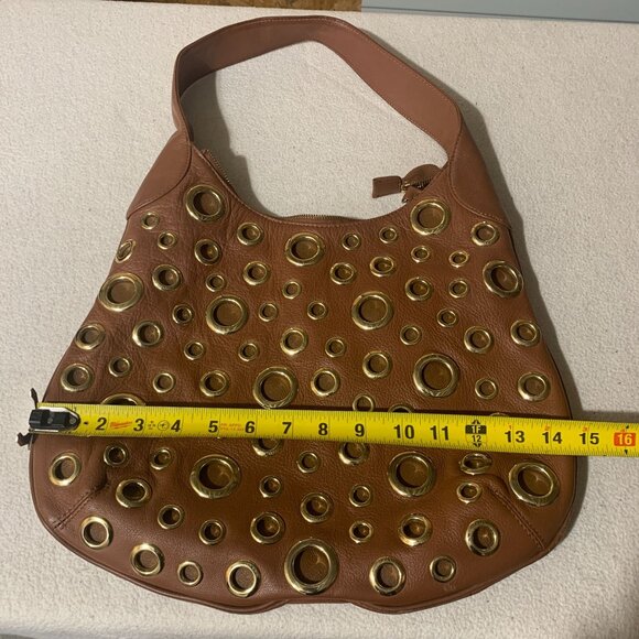 R J GRAZIANO  Brown Leather Shoulder/Handbag with Gold Circle Metal Design - Picture 9 of 12